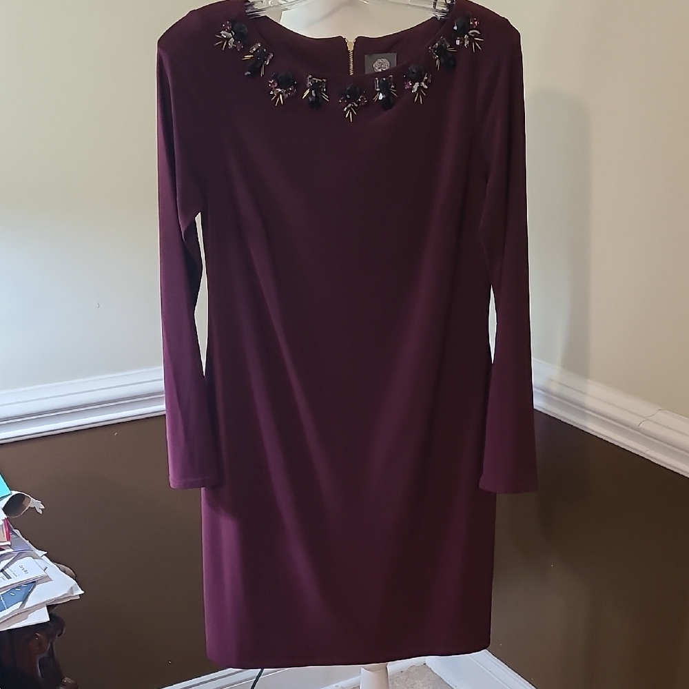 Vince Camuto Plum Long Sleeve Dress with Floral Neckline
